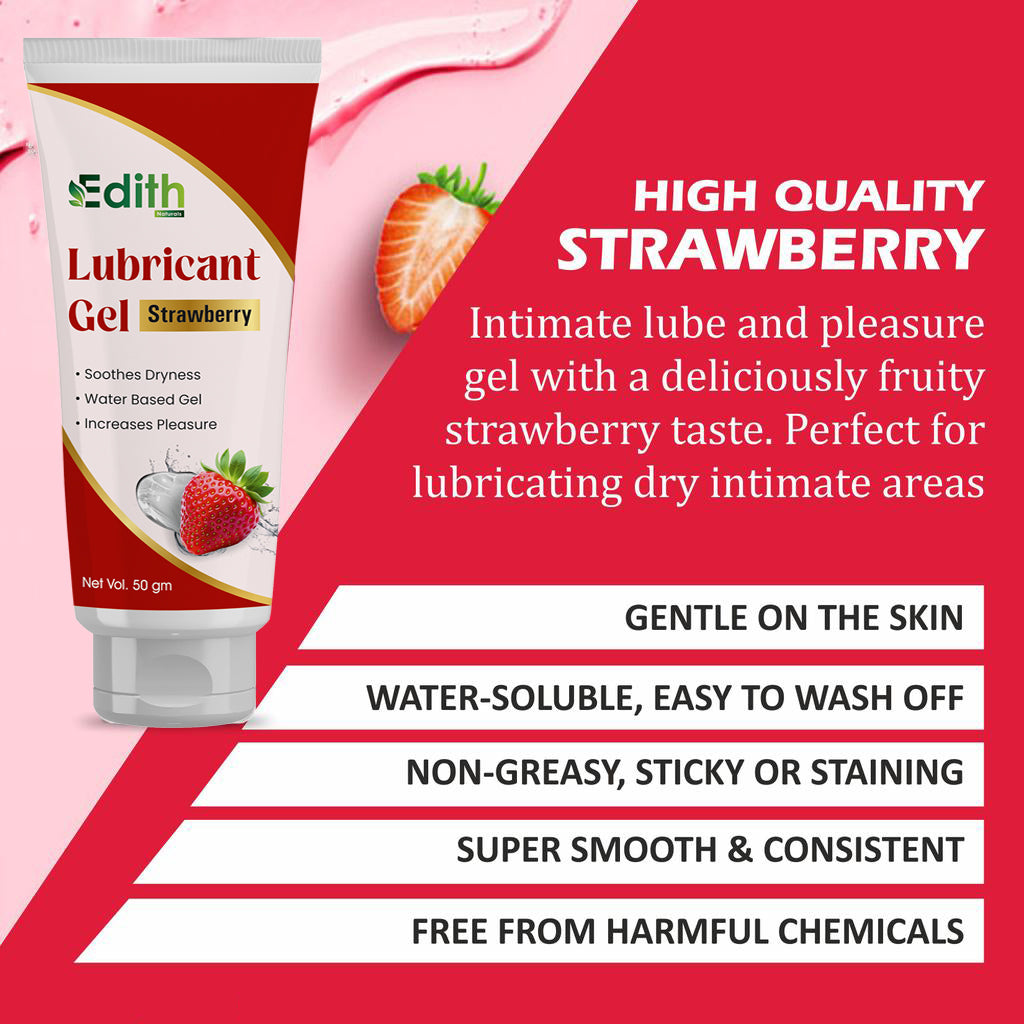 Edith Naturals Strawberry Lubricant Gel for Men & Women - 50 ml | Water Based Lube | Compatible with Condoms & Toys | Silicon Free Formula | Long Lasting Pleasure 50 gm