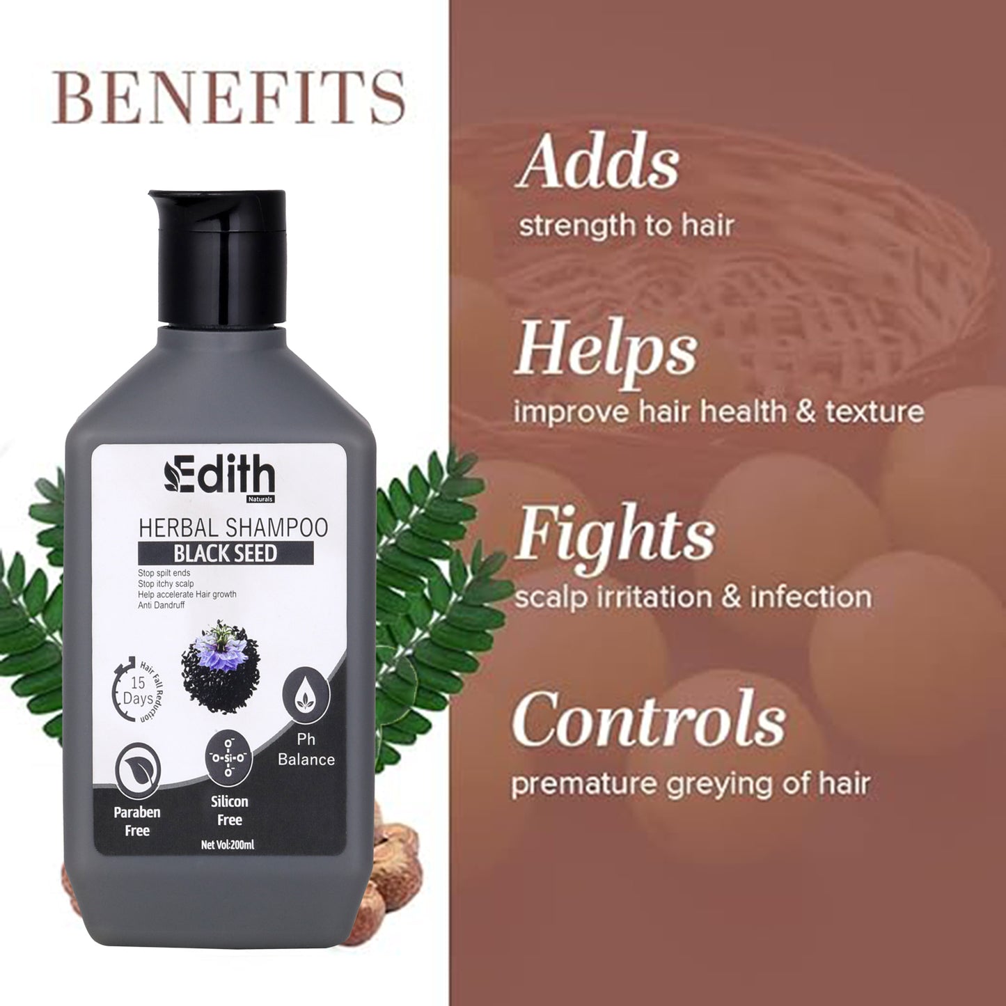 Edith Naturals Anti Hair fall Herbal Shampoo For Control Dandruff , Stop Spilt ends , Stop itchy scalp For Smooth & Shiny Hair For Men & Women (200 ml)