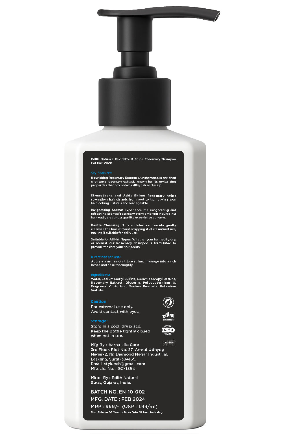 Edith Natural Professional Shampoo, Anti Hair Fall Formula, All Hair Types, 500ml