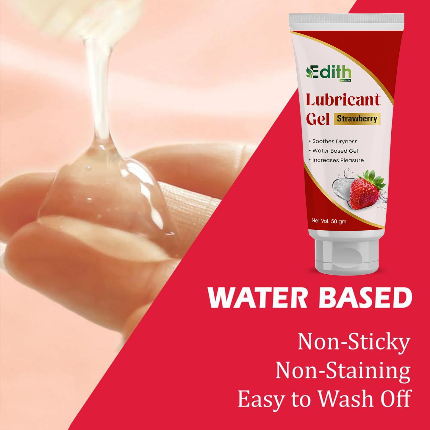 Edith Naturals Strawberry Lubricant Gel for Men & Women - 50 ml | Water Based Lube | Compatible with Condoms & Toys | Silicon Free Formula | Long Lasting Pleasure 50 gm