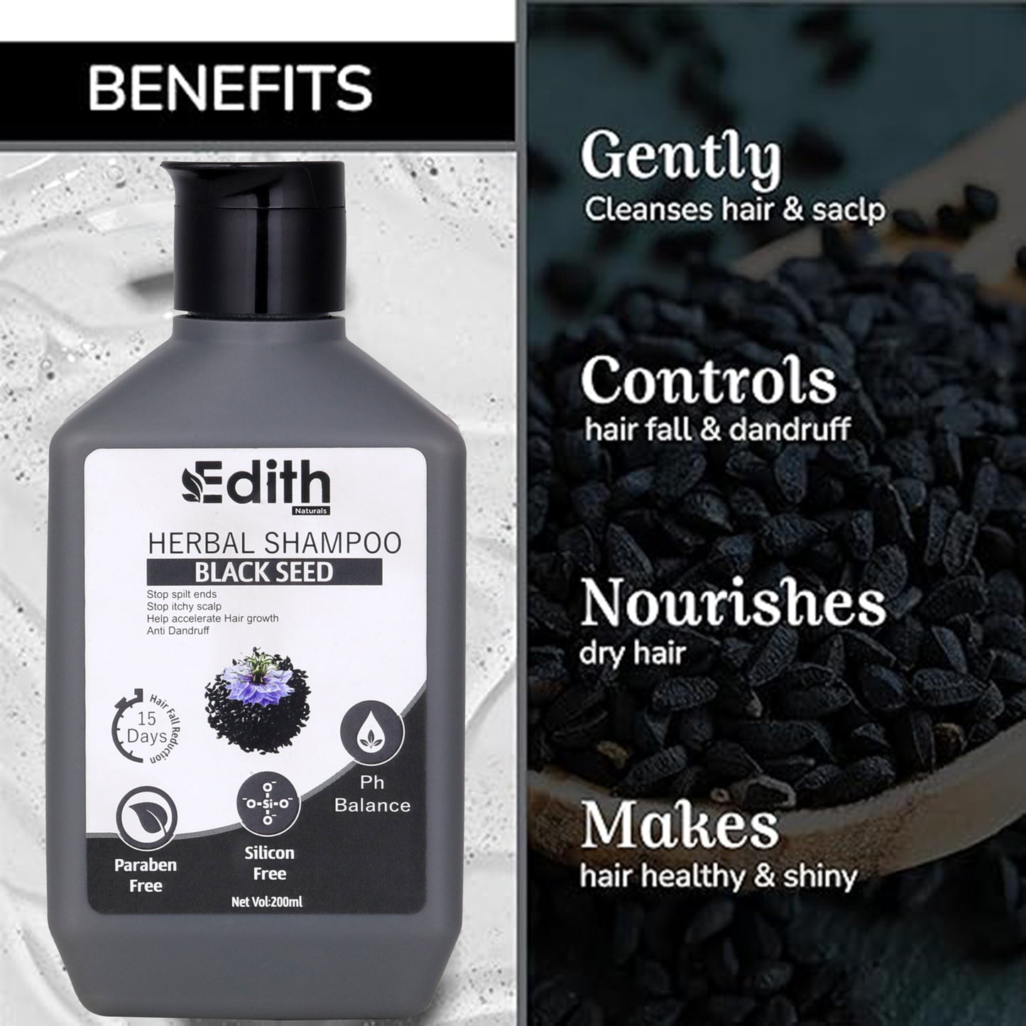 Edith Naturals Anti Hair fall Herbal Shampoo For Control Dandruff , Stop Spilt ends , Stop itchy scalp For Smooth & Shiny Hair For Men & Women (200 ml)