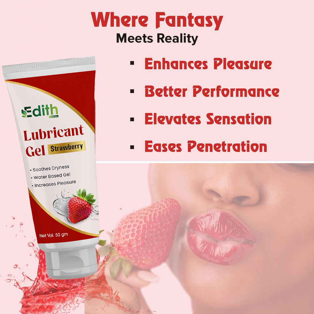 Edith Naturals Strawberry Lubricant Gel for Men & Women - 50 ml | Water Based Lube | Compatible with Condoms & Toys | Silicon Free Formula | Long Lasting Pleasure 50 gm