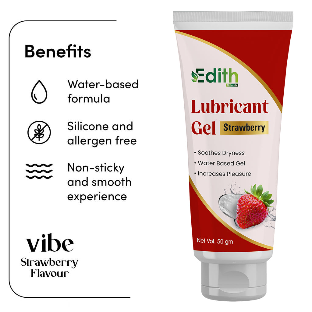 Edith Naturals Strawberry Lubricant Gel for Men & Women - 50 ml | Water Based Lube | Compatible with Condoms & Toys | Silicon Free Formula | Long Lasting Pleasure 50 gm