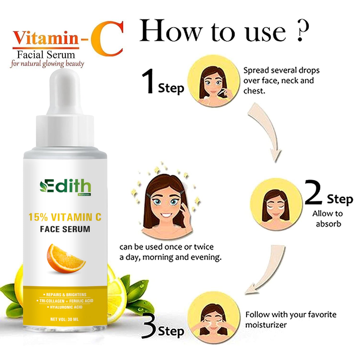 Edith 15% Vitamin C Face Serum with Tri-Collagen, 30ml and 2% Salicylic Acid Gel Face Wash With Salicylic Acid & Witch Hazel For Active Acne - 100 Ml Combo Pack