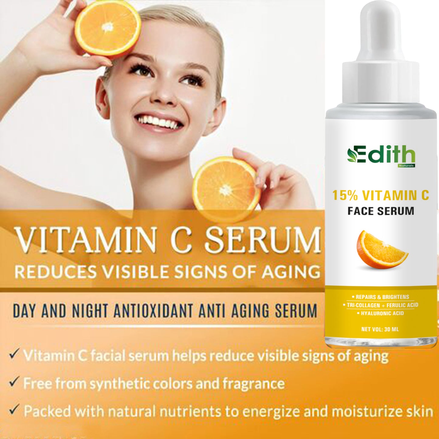 Edith 15% Vitamin C Face Serum with Tri-Collagen, 30ml and 2% Salicylic Acid Gel Face Wash With Salicylic Acid & Witch Hazel For Active Acne - 100 Ml Combo Pack