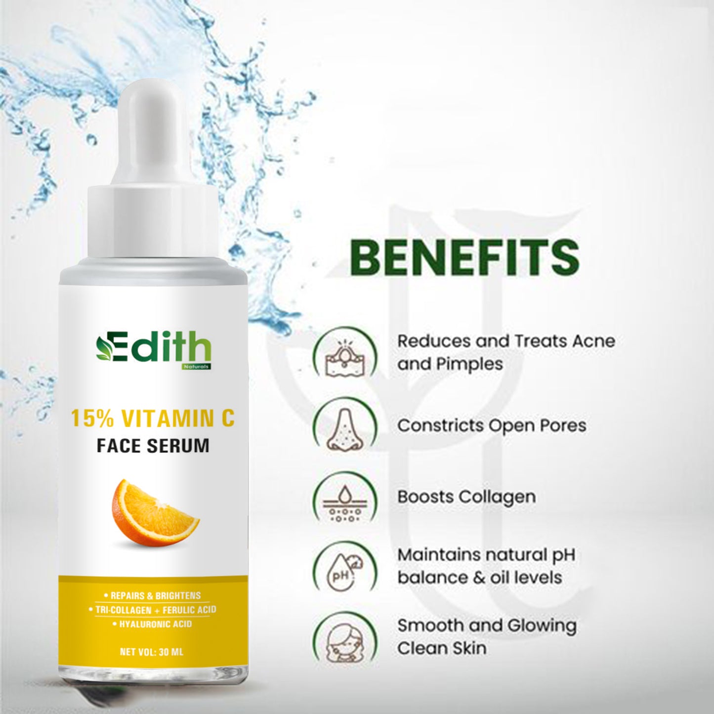Edith 15% Vitamin C Face Serum with Tri-Collagen, 30ml and 2% Salicylic Acid Gel Face Wash With Salicylic Acid & Witch Hazel For Active Acne - 100 Ml Combo Pack