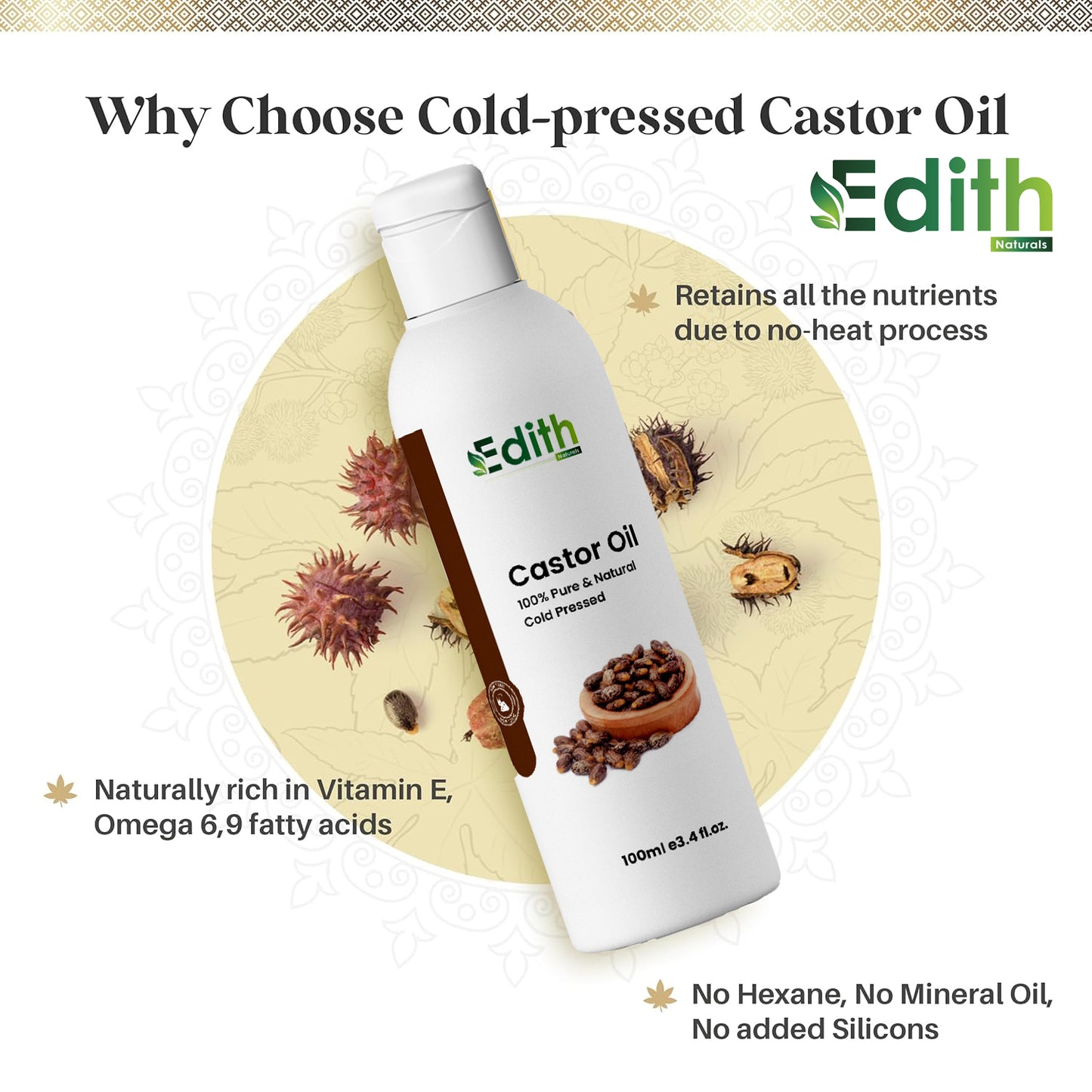 Edith Naturals Organic Olive Castor Neem Hair Oil - Revitalize, Strengthen, and Nourish Skin & Hair-100ml