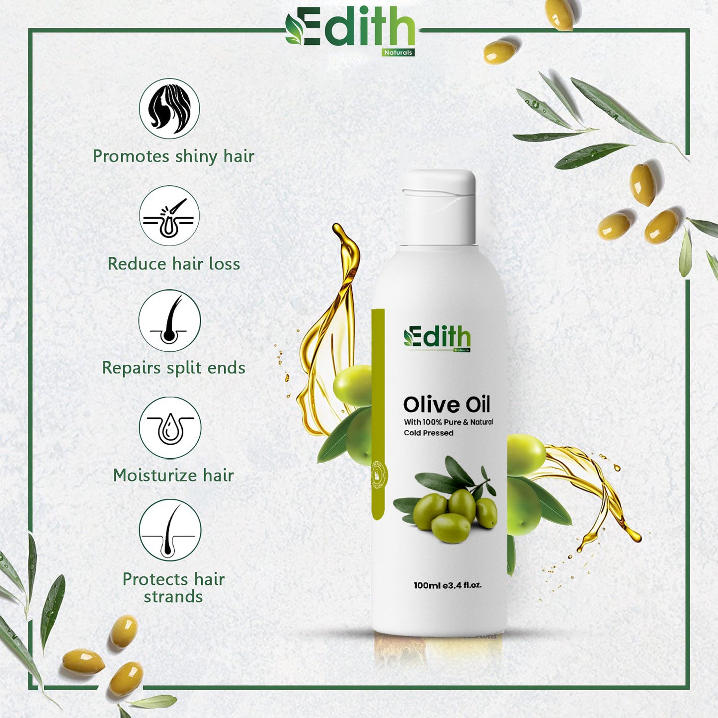 Edith Naturals Organic Olive Sesame Almond Hair Oil - Nourish, Strengthen, and Restore Shine for Skin & Hair-100 ml