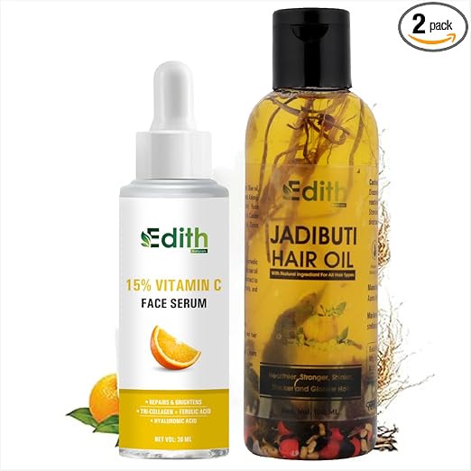 Edith 15% Vitamin C Face Serum with Tri-Collagen, 30ml and Jadibuti Natural Hair Oil, 100ml Combo Pack