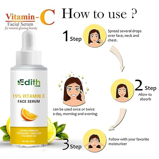 Edith 15% Vitamin C Face Serum with Tri-Collagen, 30ml and Jadibuti Natural Hair Oil, 100ml Combo Pack