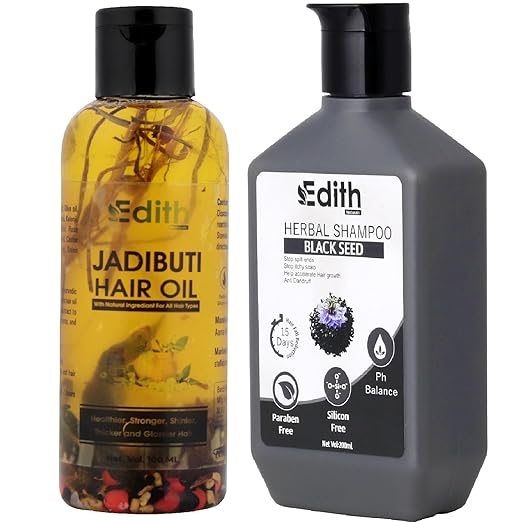 Edith Jadibuti Hair Oil 100 ml and Black Seed Herbal Shampoo 200 ml -Shampoo & Hair Oil Combo Set | For Hair Fall Control | Hair Care Kit For Women & Men I Botanical Extracts, Sulphate-free, Paraben-free, and Free from Mineral Oils