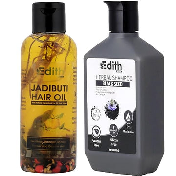 Edith Jadibuti Hair Oil 100 ml and Black Seed Herbal Shampoo 200 ml -Shampoo & Hair Oil Combo Set | For Hair Fall Control | Hair Care Kit For Women & Men I Botanical Extracts, Sulphate-free, Paraben-free, and Free from Mineral Oils