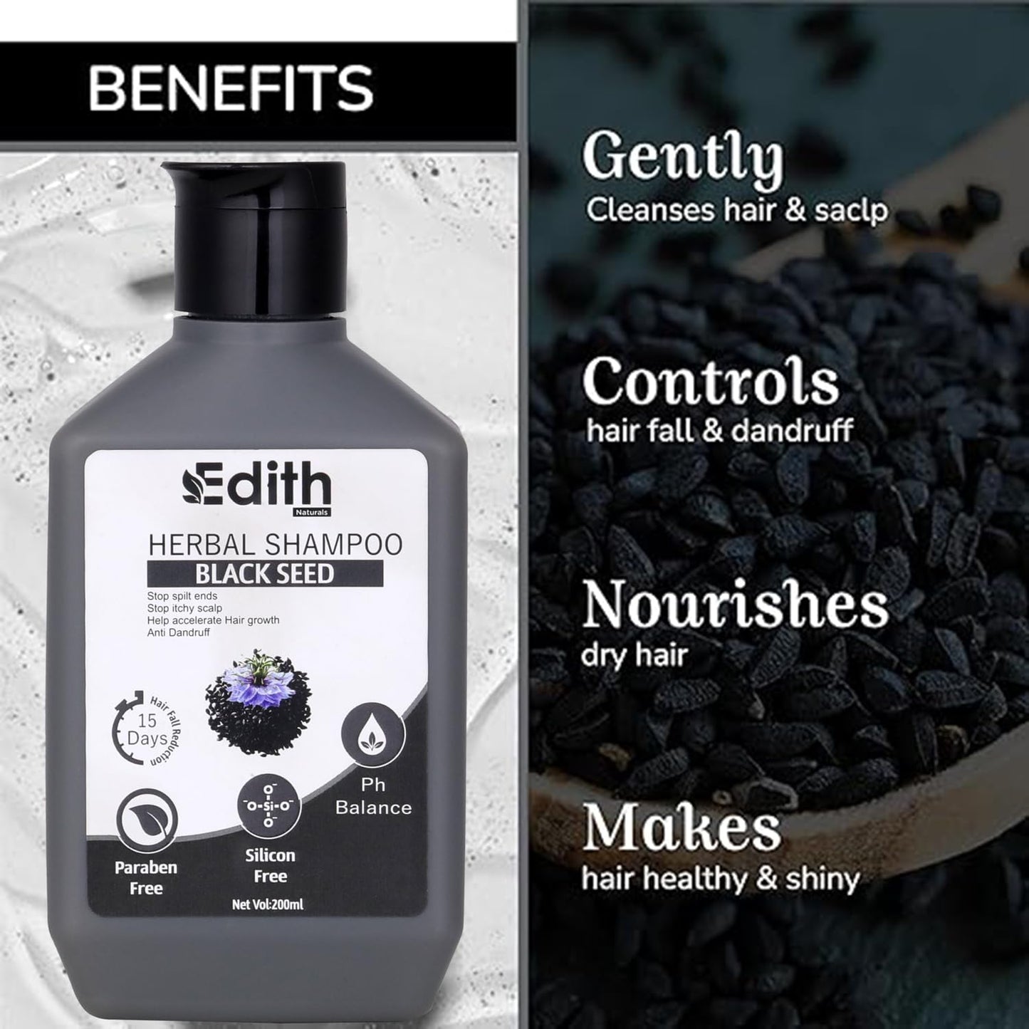 Edith Jadibuti Hair Oil 100 ml and Black Seed Herbal Shampoo 200 ml -Shampoo & Hair Oil Combo Set | For Hair Fall Control | Hair Care Kit For Women & Men I Botanical Extracts, Sulphate-free, Paraben-free, and Free from Mineral Oils