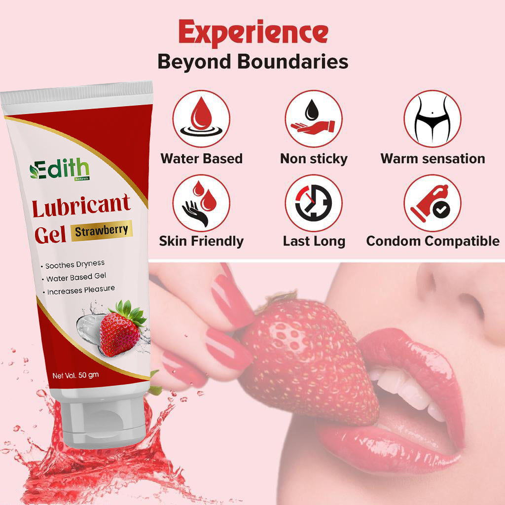 Edith Naturals Strawberry Lubricant Gel for Men & Women - 50 ml | Water Based Lube | Compatible with Condoms & Toys | Silicon Free Formula | Long Lasting Pleasure 50 gm