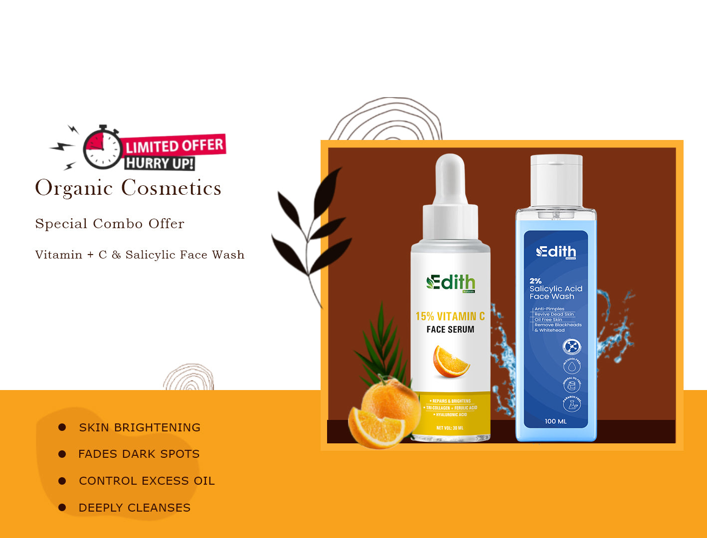 Edith 15% Vitamin C Face Serum with Tri-Collagen, 30ml and 2% Salicylic Acid Gel Face Wash With Salicylic Acid & Witch Hazel For Active Acne - 100 Ml Combo Pack